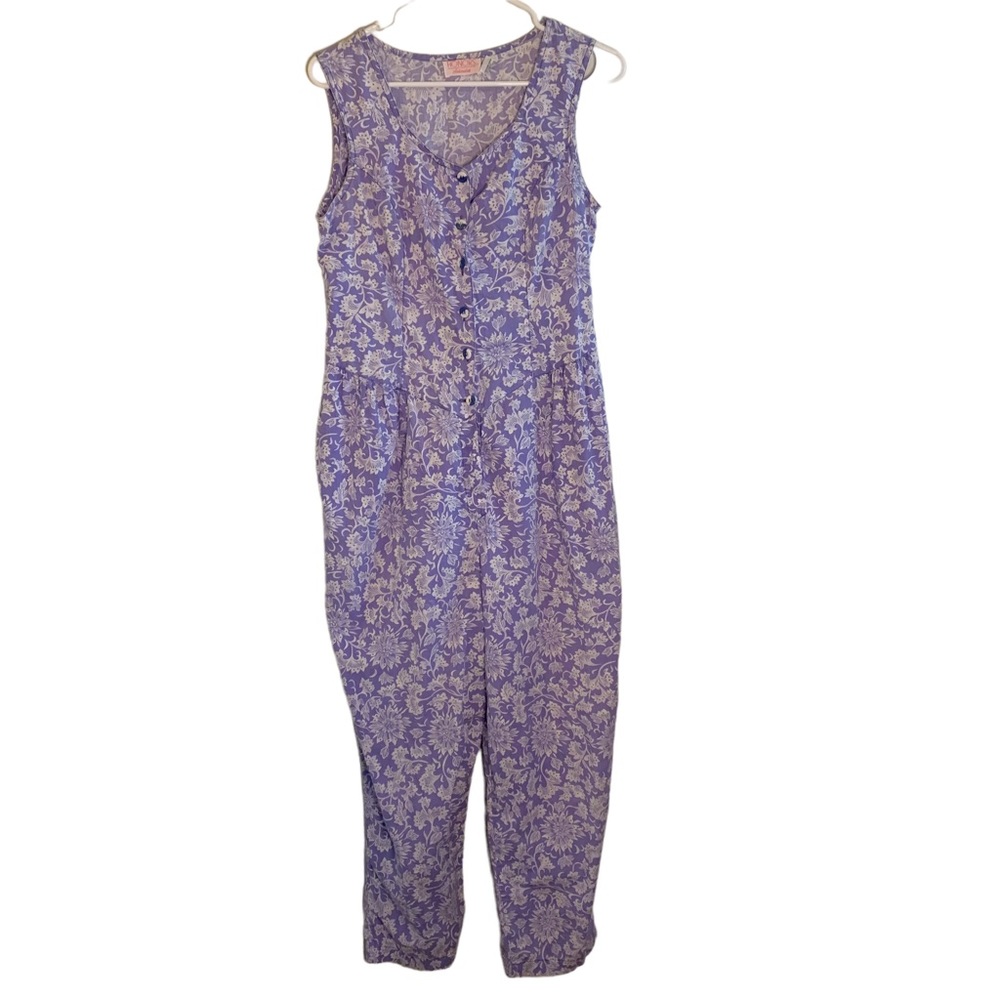 Vintage Honors Intimate Purple Patterned Jumpsuit Button Up Sleeveless Size M